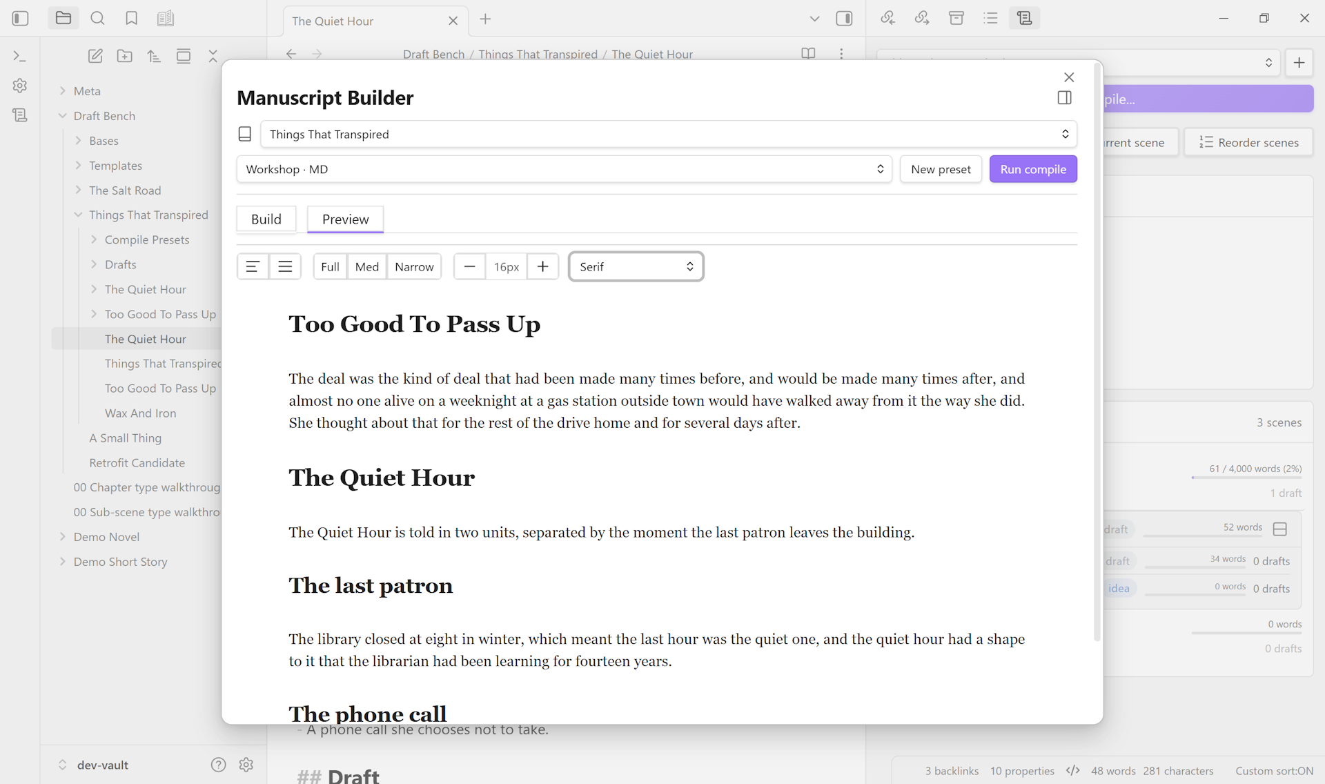 The Manuscript Builder modal with the Preview tab active. The sticky header shows the project picker, preset picker, and Run compile button. A typography toolbar above the rendered prose shows text-alignment, reading-width, font-size stepper, and font-family dropdown. Below, three chapter-style headings render as continuous prose.